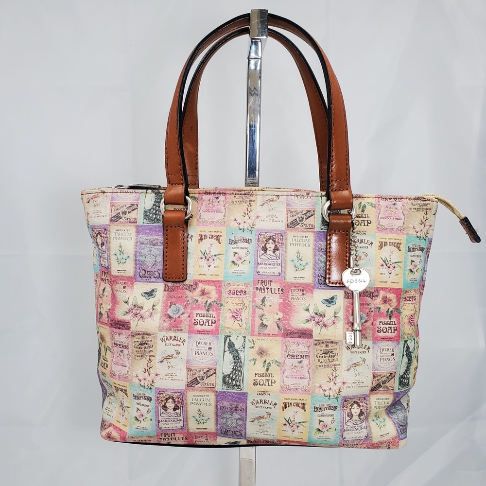 Y2K Fossil Vintage Ad Print Leather Small Satchel Tote Bag ZB7013